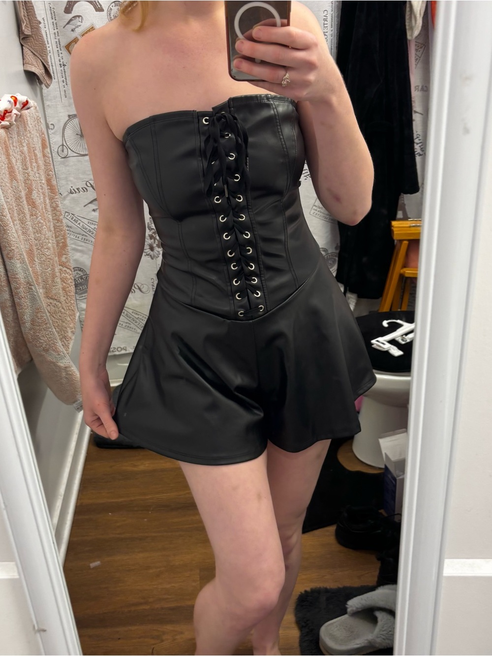 Strapless Black Faux Leather Lace-Up Romper